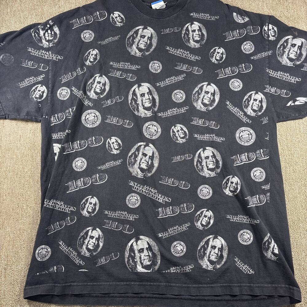 Vintage 90s Money All Over Print Coin Ben Franklin 3XLT Black Freeze